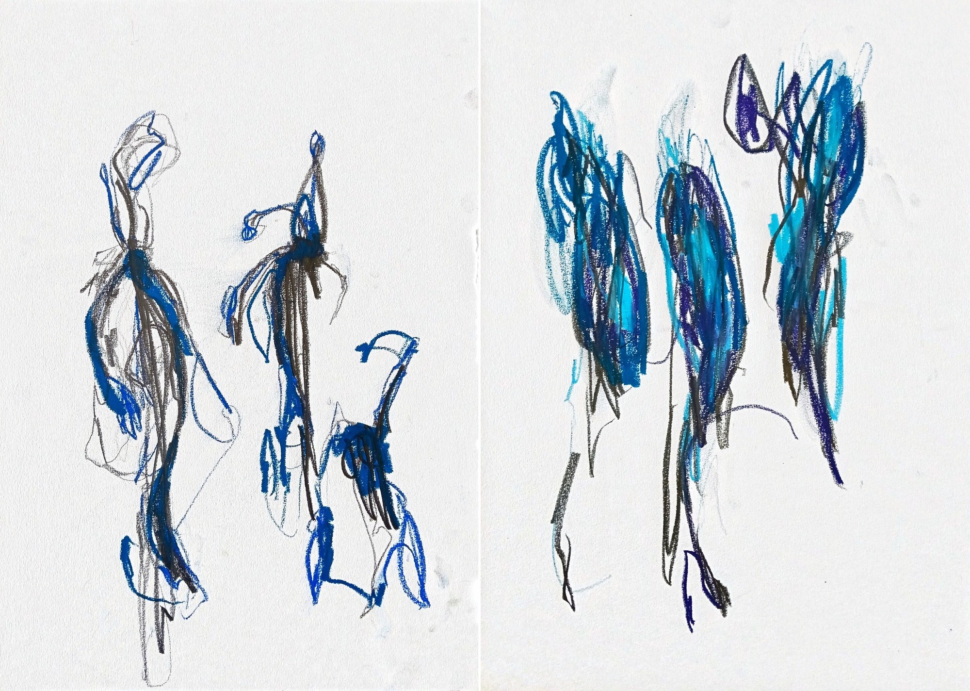 Diptych of two pencil-and-pastel sheets on white. Left: three wiry figure-like tangles in blue and black, open contours over graphite ghost-lines, legs trailing off the sheet. Right: the same three presences filled with mass — turquoise, ultramarine and violet packed into dense knots over brown-black. Sketch and chord, side by side.
