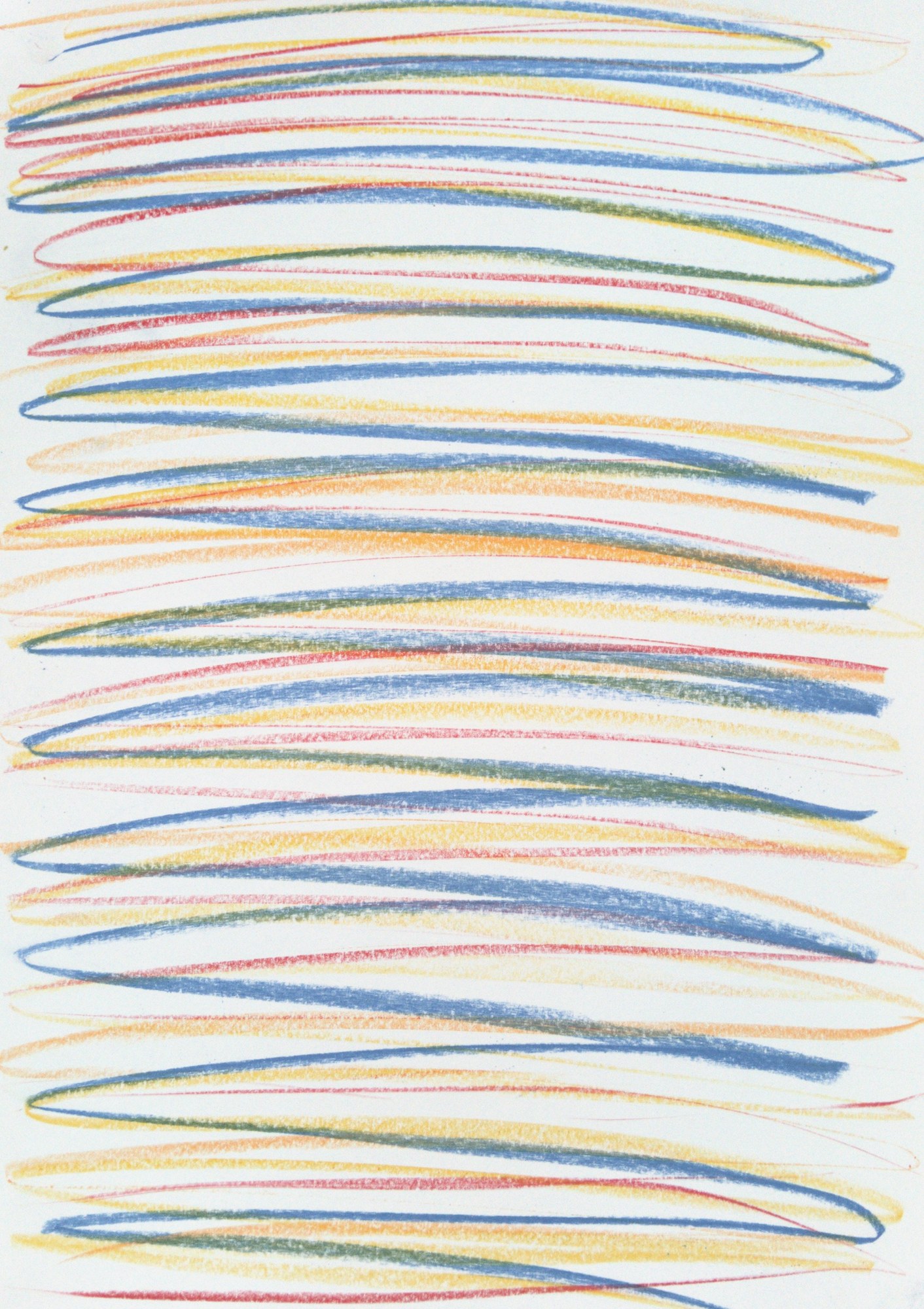 Portrait pastel drawing: loose horizontal strata of scribbled colour stacked edge to edge down a white sheet — pale yellow, orange and thin red, threaded by a single heavier blue line that surfaces, sinks away and returns. Airy and light, the paper breathing between the strokes.