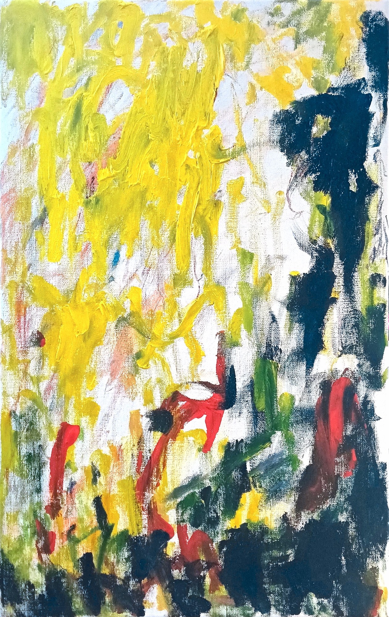 Vertical canvas: a scrubbed field of yellow ochre and cadmium holds the left two-thirds, white ground breathing through, while a broken navy column runs the right edge and a dark green-black floor closes the bottom. A red figure strides at the centre; a second red presence glows inside the dark column like an ember. Field, mass and figure in one warm-cool engine.
