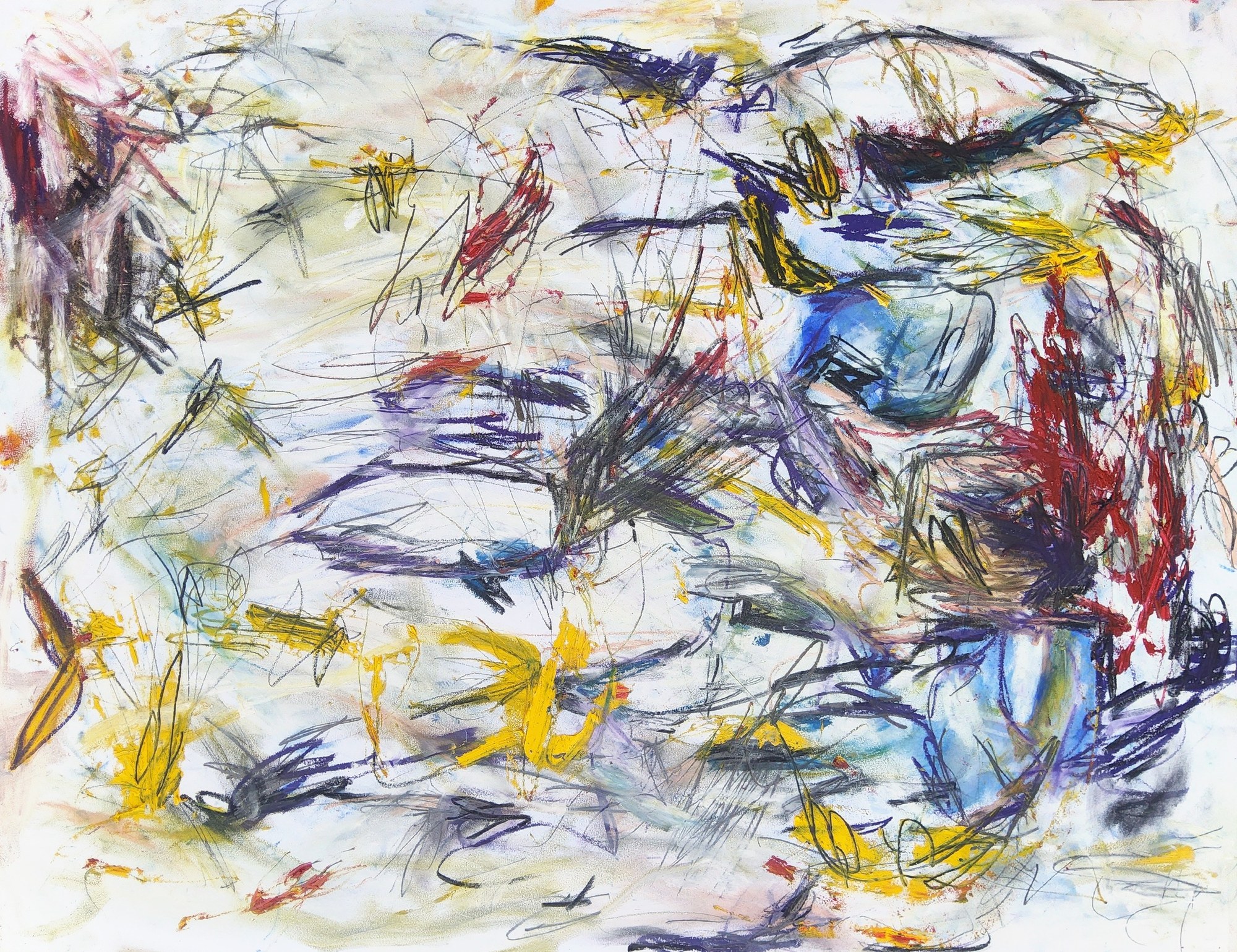 Landscape sheet in graphite, pastel and oil: a storm of small fast marks over white paper — graphite scribbles, violet and black knots, yellow flares throughout. A sky-blue patch sits upper right against a crimson burst at the right edge; a mauve smudge holds the top left corner. Dense, quick and all-over.