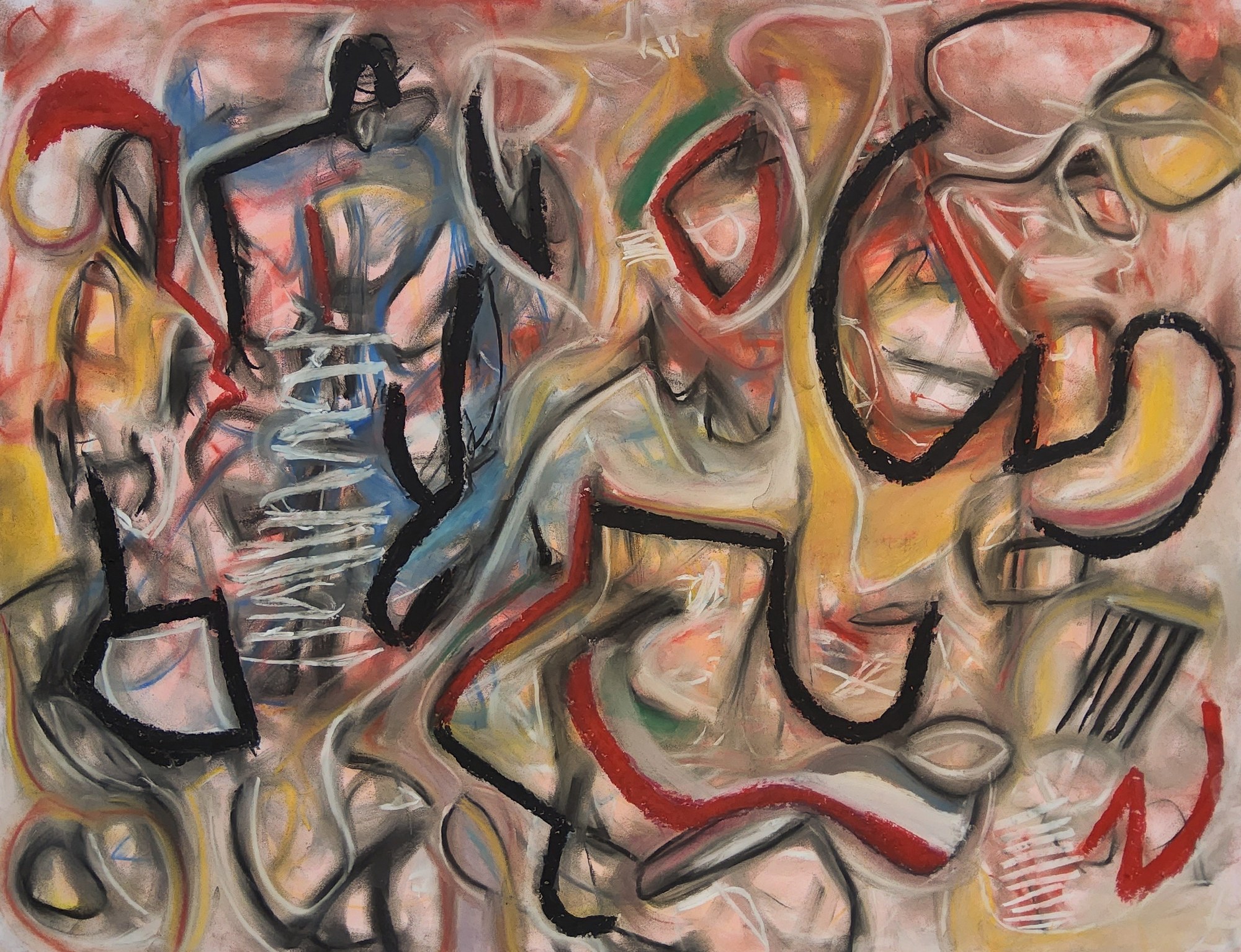 Landscape pastel: large interlocking bodies drawn in a thick black contour over rubbed flesh-pink and cream, with a heavy ochre-yellow mass right of centre and red promoted to drawn line. A blue field at the upper left carries rows of scratched white script; white hatching flickers through the weave. Dense, warm, syncopated.