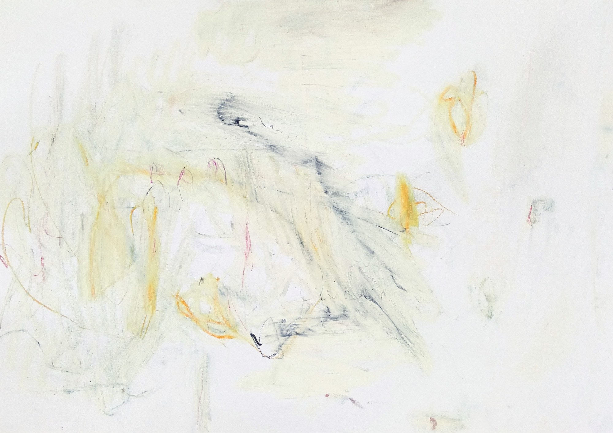 Landscape sheet of near-white paper, very pale throughout. A grey-blue hatched smear falls through the middle from upper left to lower right, carrying small graphite marks along it like a line of handwriting and ending in one black wedge low at the centre. Left of it, pale yellow arcs stack into a loose vertical cluster threaded with thin pink and coral filaments and a few orange hooks; two small orange loops hang alone in the upper right, and the right third is almost empty paper with only a few tiny flecks. Faint, airy and warm, with one cool diagonal holding it together.