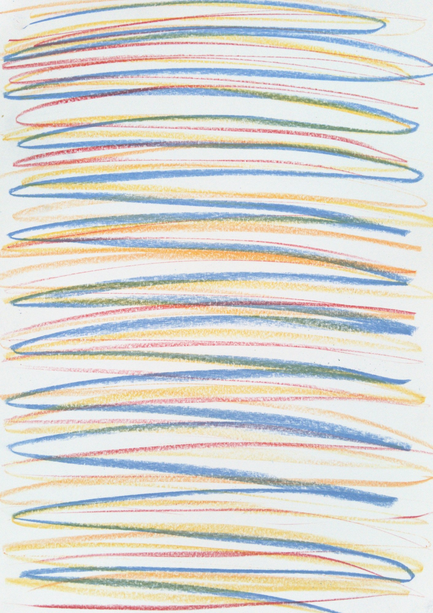 Portrait pastel drawing: loose horizontal strata of scribbled colour stacked edge to edge down a white sheet — pale yellow, orange and thin red, threaded by a single heavier blue line that surfaces, sinks away and returns. Airy and light, the paper breathing between the strokes.