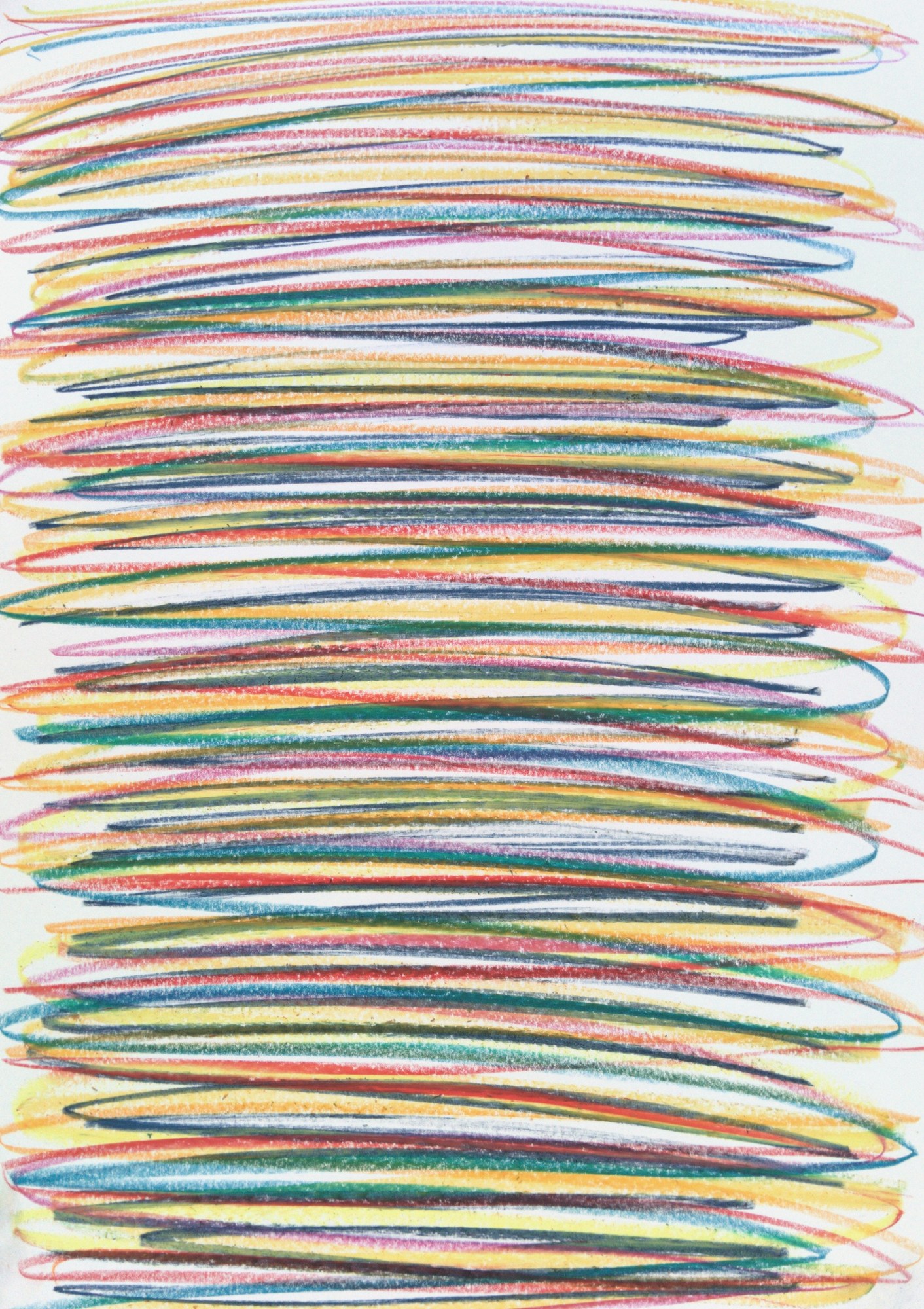 Portrait pastel drawing: dense horizontal bands of scribbled colour packed edge to edge down the sheet — yellow, red, dark green and blue laid over one another at full pressure, leaving only slivers of white paper between the strata. Saturated, insistent, almost woven.