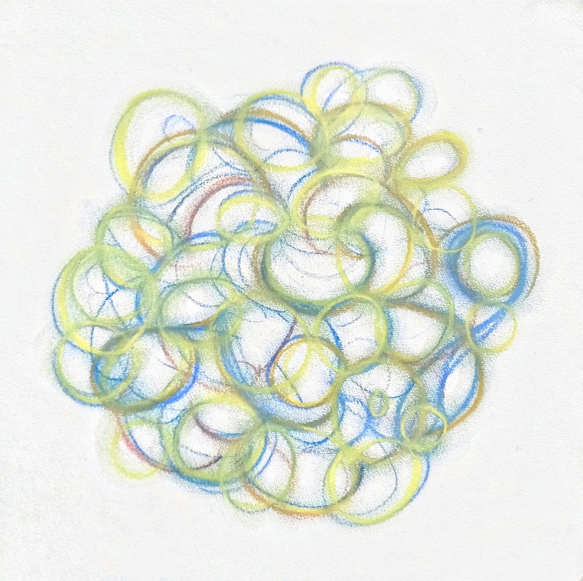 Soft square chalk drawing: a drifting cluster of overlapping rings in pale yellow-green and cool blue with traces of rust, like frogspawn or soap bubbles, gathered into a rounded cloud on white paper. Some rings spiral at their centres; the whole mass hovers — dry, weightless and ghostly.