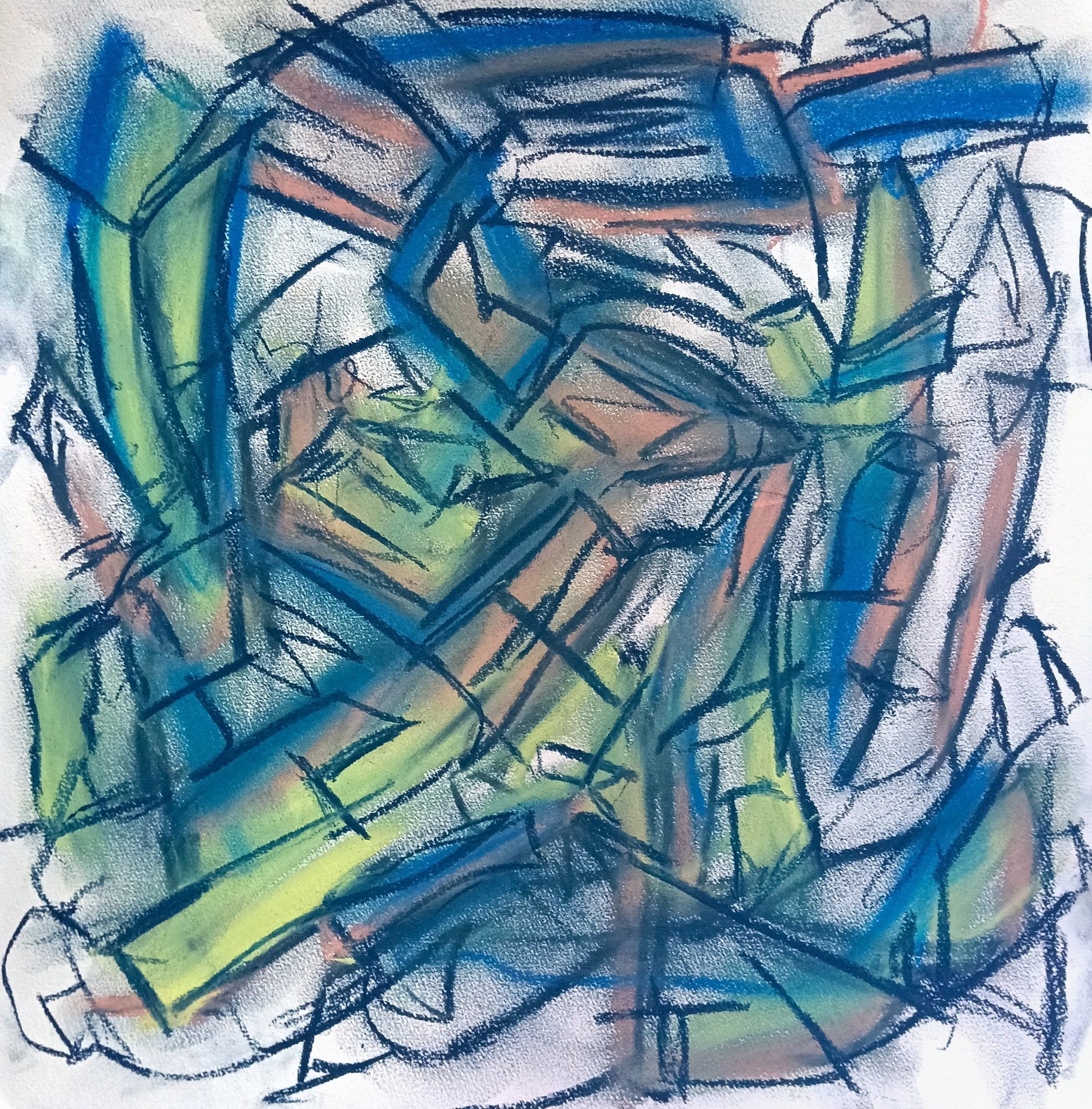 Square chalk drawing: an angular lattice of dark navy strokes over slabs of spring green, teal and salmon pink, running edge to edge like shattered stained glass. Green diagonal beams drive through the lower left and the weave knots at the centre. Broken, rhythmic and architectural.