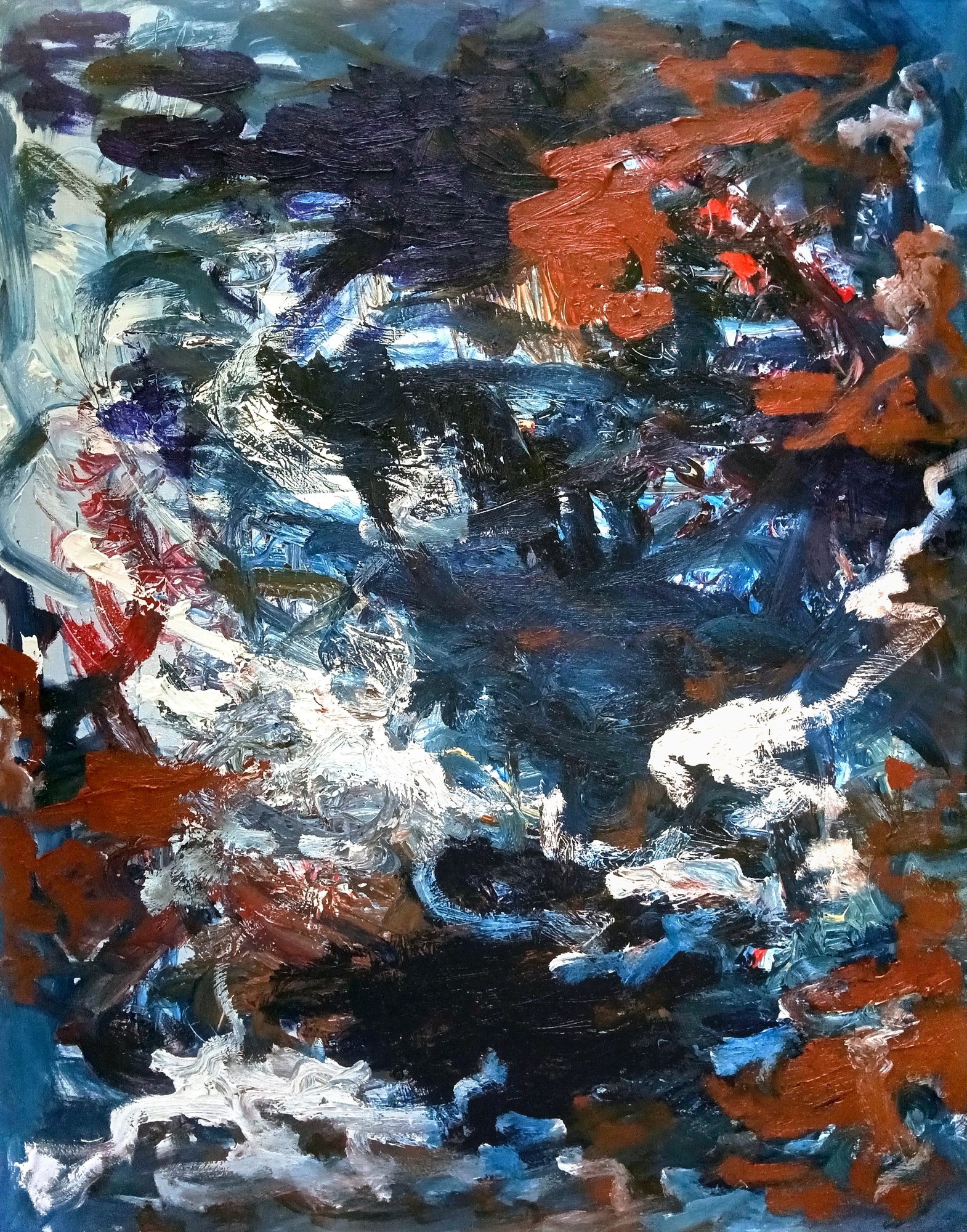 Large dark abstract oil painting: a blue-black column plunges from the top through a dense storm of brushwork, with windows of deep blue opening behind the black. Rust and Venetian red masses anchor the upper right and lower edges, small flashes of pure red spark through, and a system of thick white impasto strokes climbs from the bottom left through the centre like light breaking in. Turbulent, deep and nocturnal.