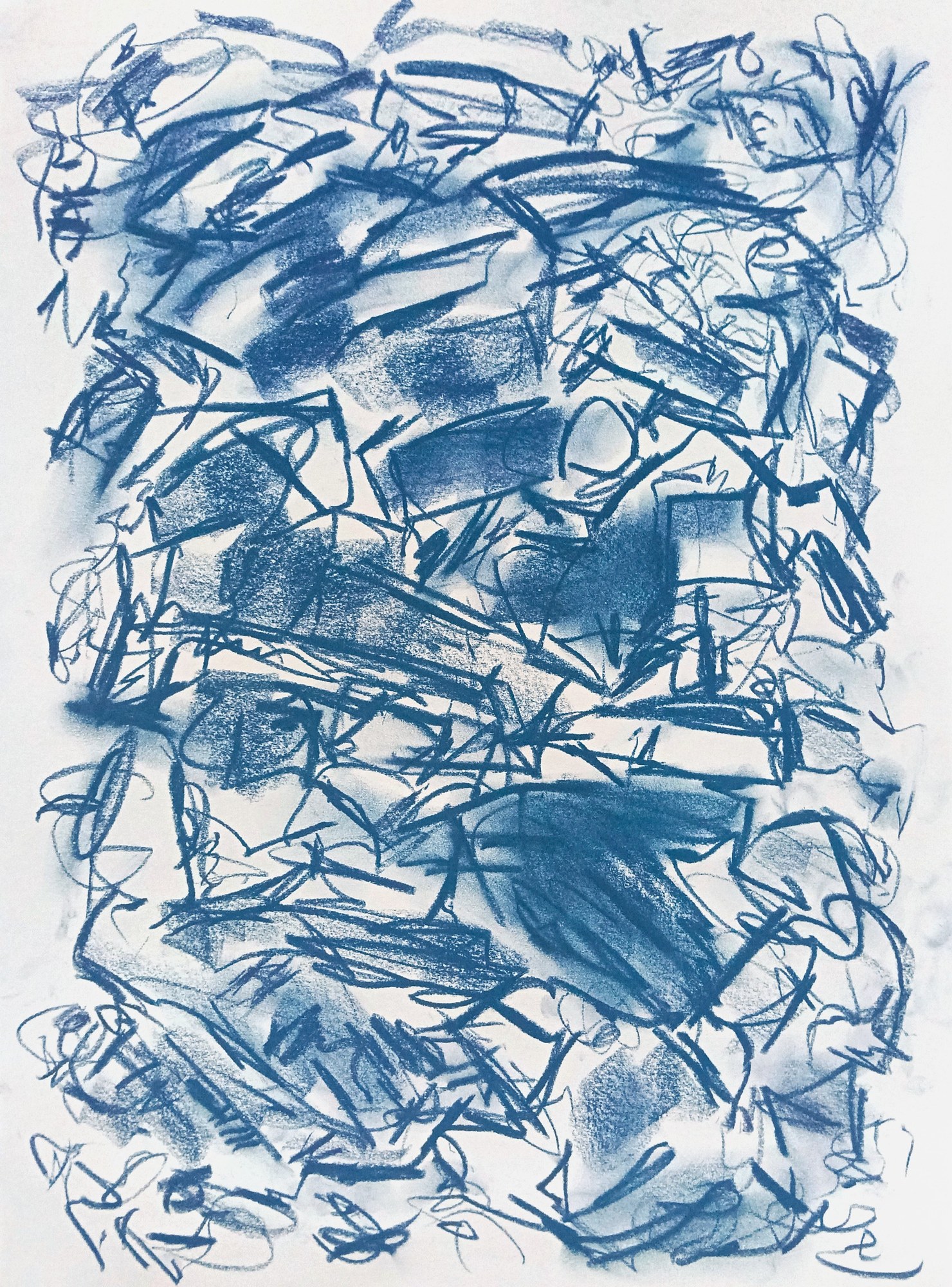 Portrait sheet in blue chalk, drawn edge to edge: rubbed flat planes of mid-blue lying behind a scaffold of hard dark bars, angular boxes and spiked bursts, with loose cursive loops running along the top and bottom margins like lines of writing. Paper glows through the gaps.