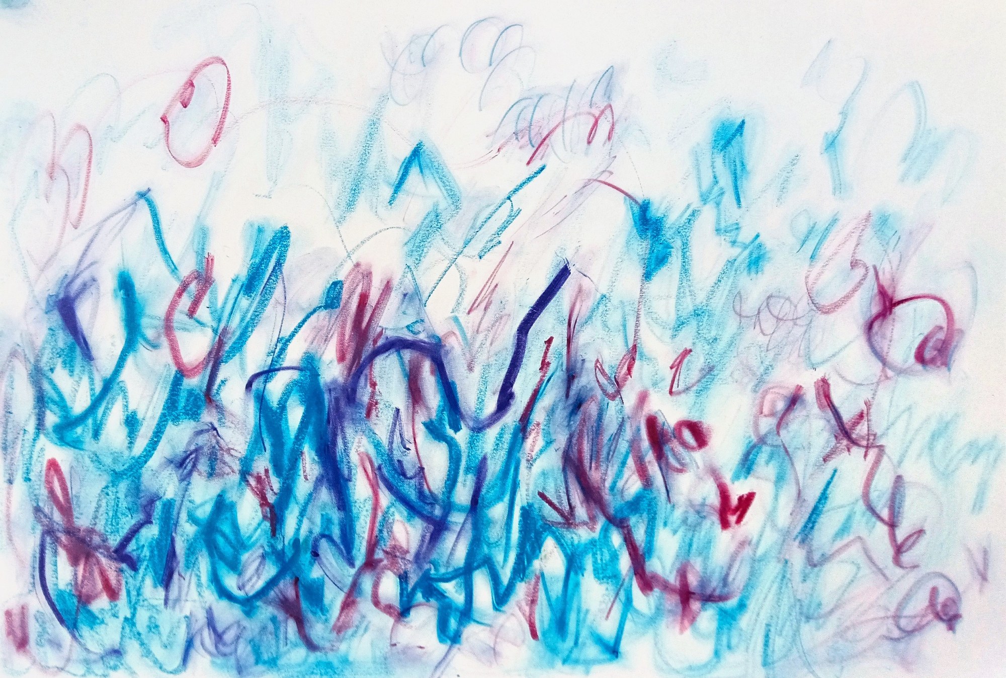 Landscape pastel field of scribbled glyphs in cerulean and ultramarine with crimson accents, dense at the lower edge like vegetation and thinning upward into erased, ghosted marks and bare paper.