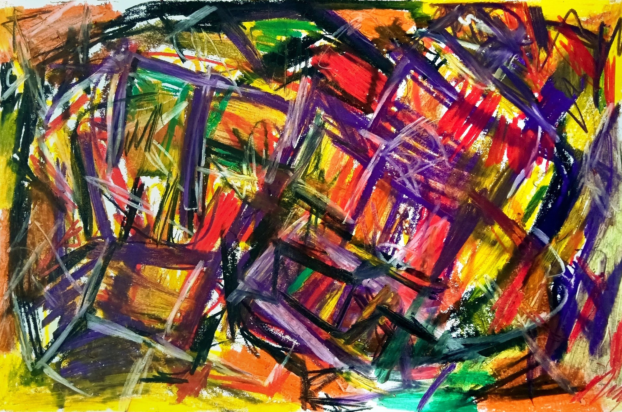 Landscape oil pastel drawing at full saturation: a hot field of yellow, orange and red woven edge to edge, with a scaffold of purple and black bars collapsing through it and silvery scratched lines riding the surface. Dense, loud and architectural.