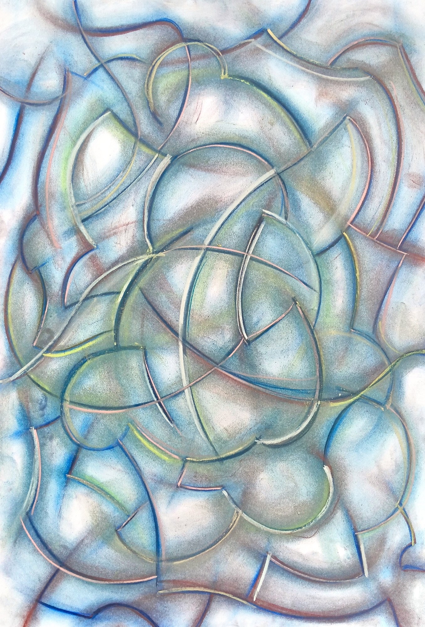 All-over abstract chalk drawing: a web of long curved lines in salmon pink, dark blue and yellow-green, each ridge caught with a white highlight, spread edge to edge over a clouded blue and grey-pink ground. Three large arcs cross in a knot at the centre. Like a leaded window of milky glass — cool, even and quietly luminous.