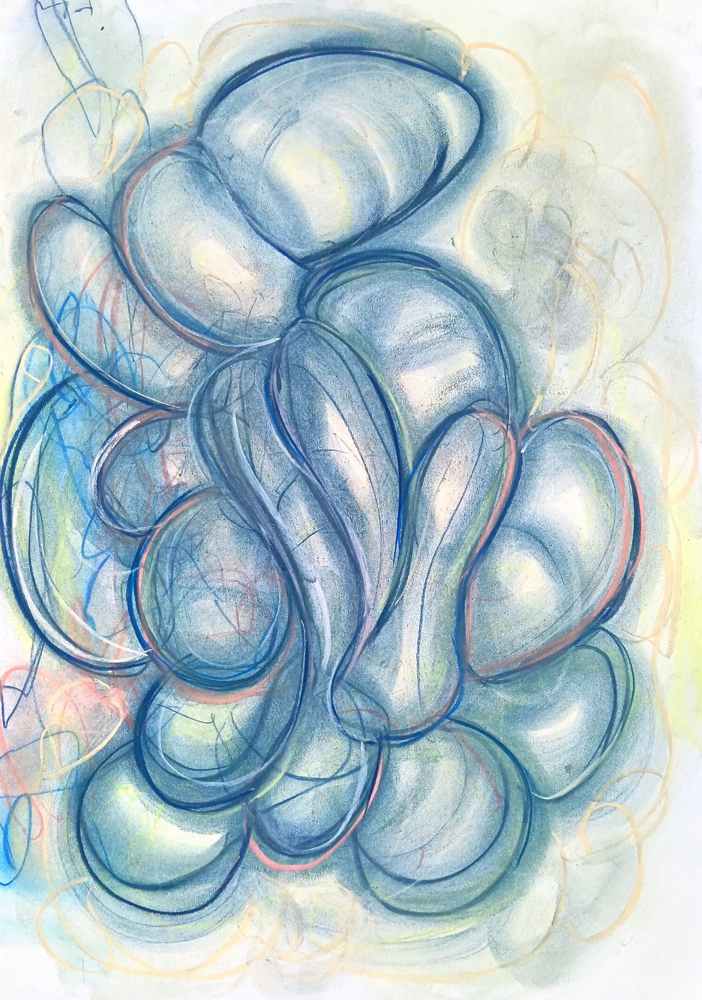 Translucent abstract chalk drawing in watery blue-greens: a cluster of overlapping, softly modelled lobes like jellyfish bells or pebbles under water, drawn with searching, repeated blue contours doubled in salmon pink. Loose red and blue scribbles show through the veils, and the forms dissolve into pale yellow-green at the edges. Layered, aquatic and alive.