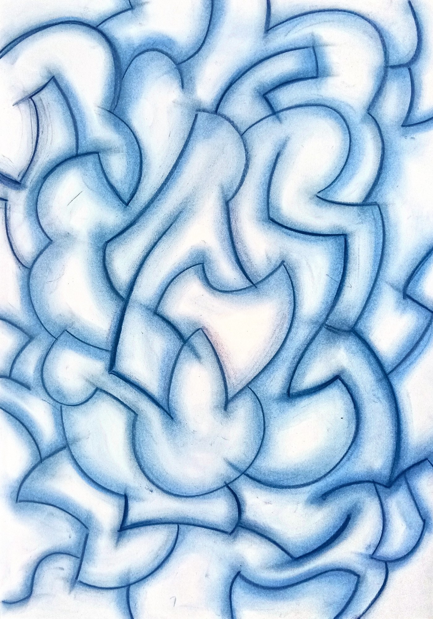 Edge-to-edge weave of interlocking curved planes in blue pastel on white paper. Every contour carries a smoky smeared shadow-side, and the smears drift across neighbouring lines and settle in other planes, so the shallow relief never resolves — every shape lies both in front of and behind its neighbours. A faint pink breath warms one white plane near the centre. Dense, cool and quietly restless.