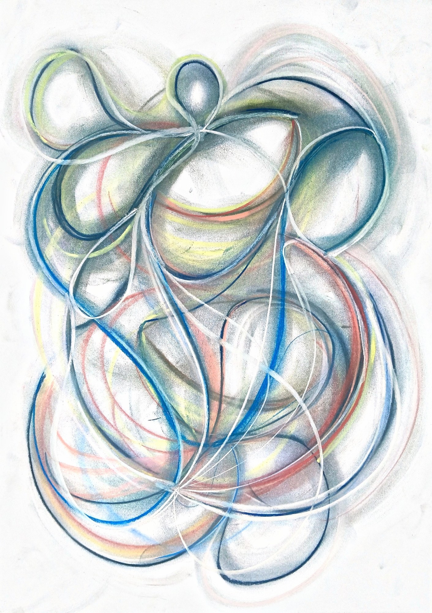 Abstract chalk drawing in silvery greys: a dense weave of modelled planes suggests a standing figure, a teardrop head resting on shoulders at the top. Long white chalk strokes cut across the volumes and anchor in neighbouring planes; muted blue, red and yellow accents thread through, gathering in a spiralling basket of lines at the bottom. Metallic, bodily and quietly tense.