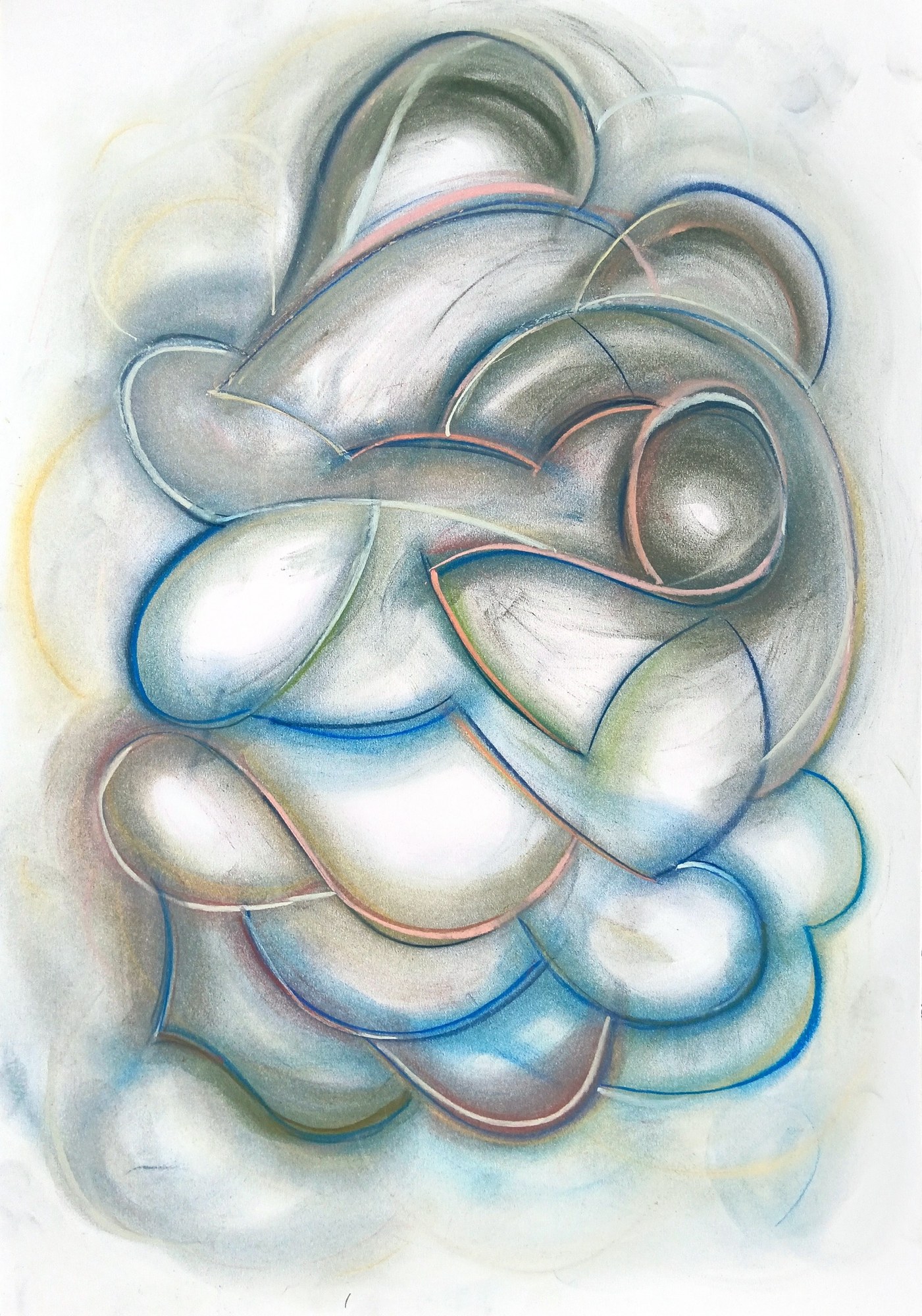 Soft abstract chalk drawing in smoky greys and whites: interlocking glossy lobes and shell-like curves, modelled like polished stone, outlined in delicate salmon-pink and cobalt-blue lines. A dark olive sphere sits in a hollow near the top right. The forms dissolve into pale blue haze at the bottom. Pearlescent, calm and dreamlike.