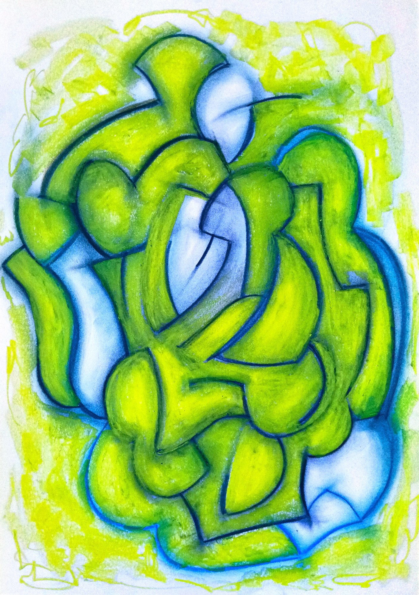 Dense abstract pastel: a sculptural mass of modelled yellow-green lobes and hooks, outlined in dark blue, nearly filling the sheet. Pale blue windows open inside the mass and a blue haze surrounds it, fading into loose dry yellow scribbles at the edges. Vivid and glowing, almost in relief.