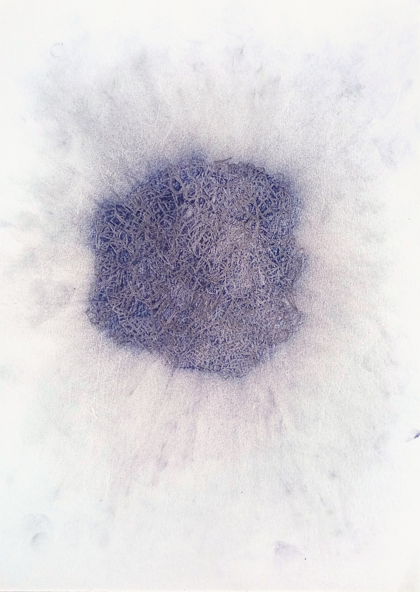 Portrait sheet, almost entirely pale paper. Just above centre a single dense knot of violet-grey scribble, roughly a hand's width, woven from hundreds of tiny pencil strokes under rubbed chalk — packed hard at its left edge, dissolving to the right. Around it a faint corona of dust reaches to every margin, so no part of the sheet is untouched.