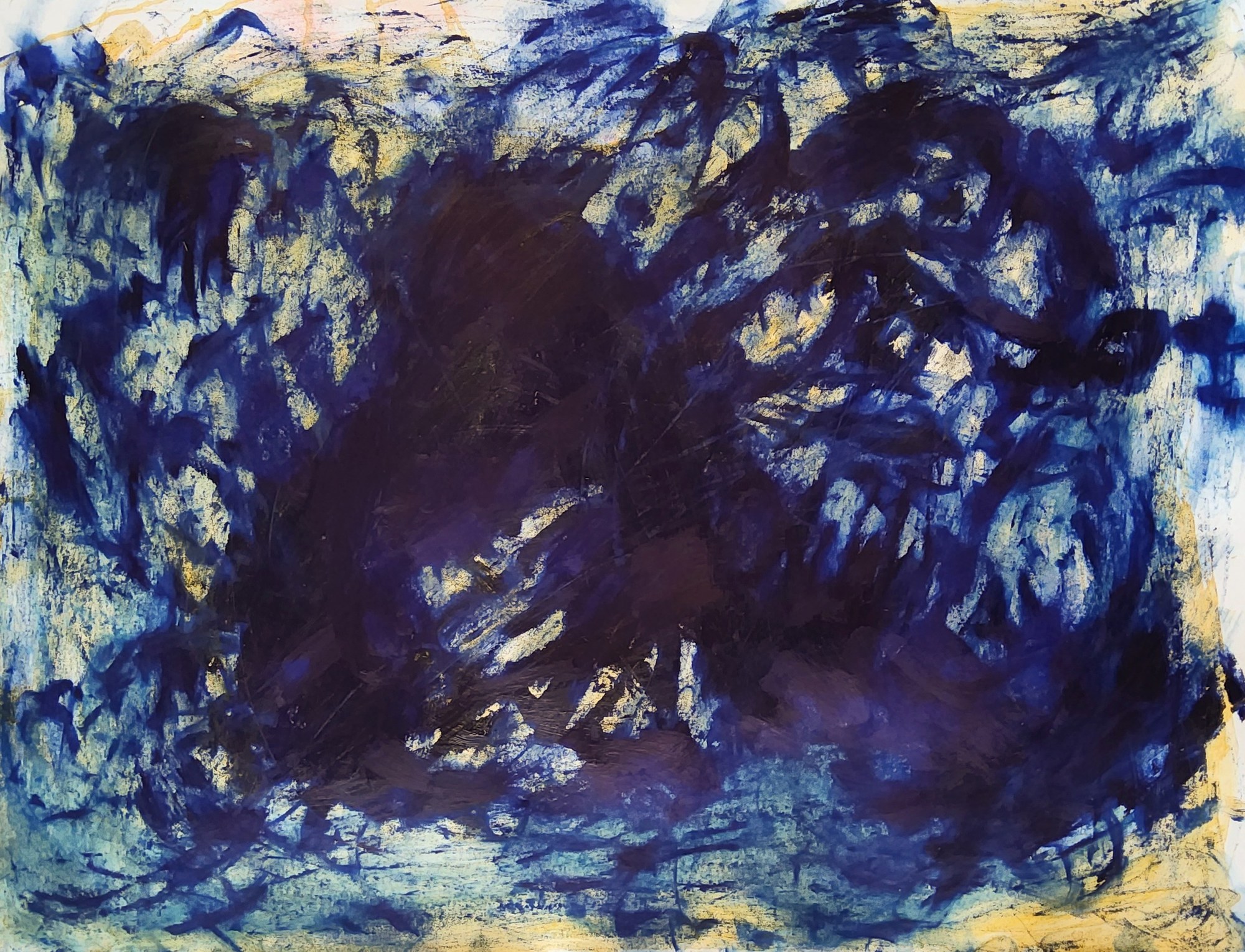 Landscape oil in deep ultramarine and violet-black, nearly edge to edge: a dark central mass sinking to near-black, with yellow oxide glowing through wherever the blue thins. Pale blue and yellow keep the margins light, so the dark body hovers — embers under ash.