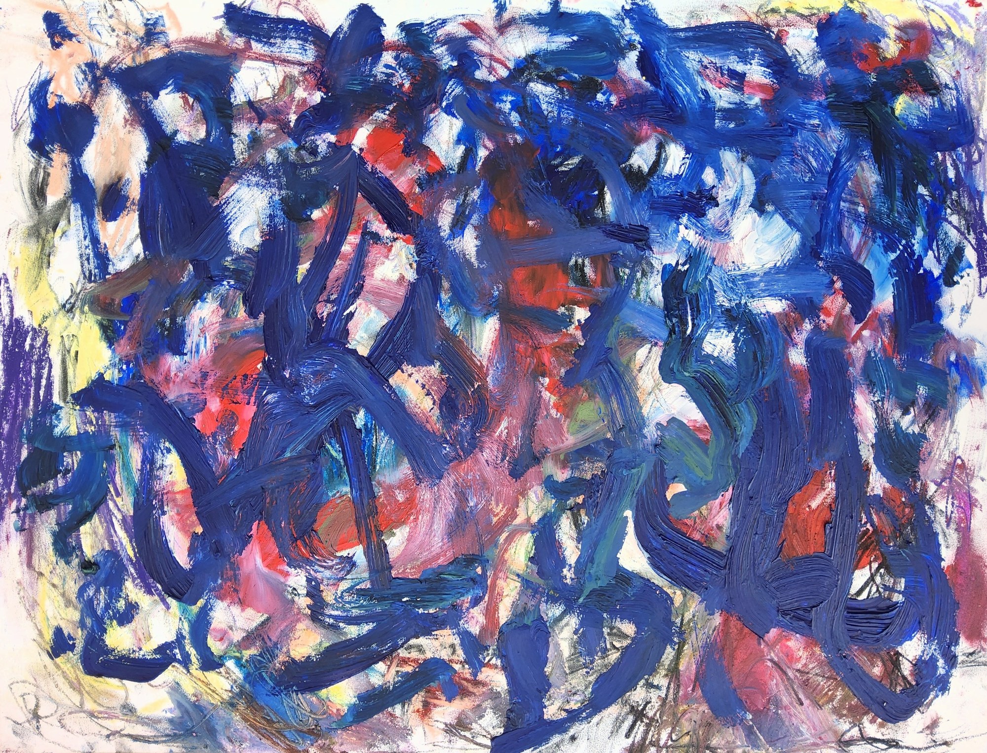 Landscape oil on paper, blue nearly all over: a swarm of ultramarine and navy strokes over a red and rose underlayer that glows through the middle like embers under ash. White paper sparks between the strokes; yellow flickers at the left edge, a violet scribble in the lower left corner. Deep, layered and weather-like.
