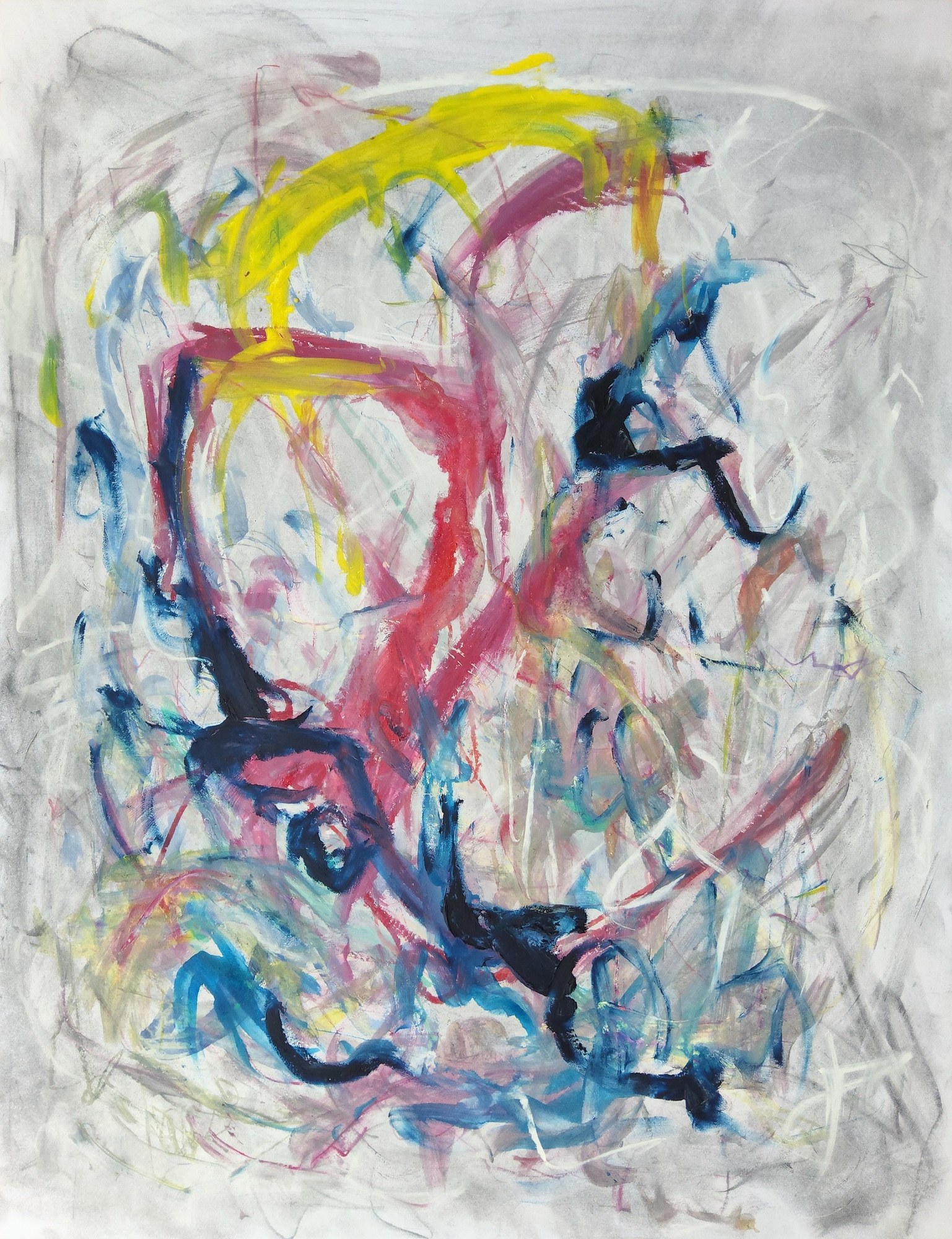Portrait sheet veiled in scumbled silver-grey: a yellow arc crowns the top, a magenta-red loop swings through the middle, and knots of navy and tangles of blue gather toward the lower half. Faint white strokes comb through the grey; bare white paper shows at the edges. Smoky, tangled, lit from within.
