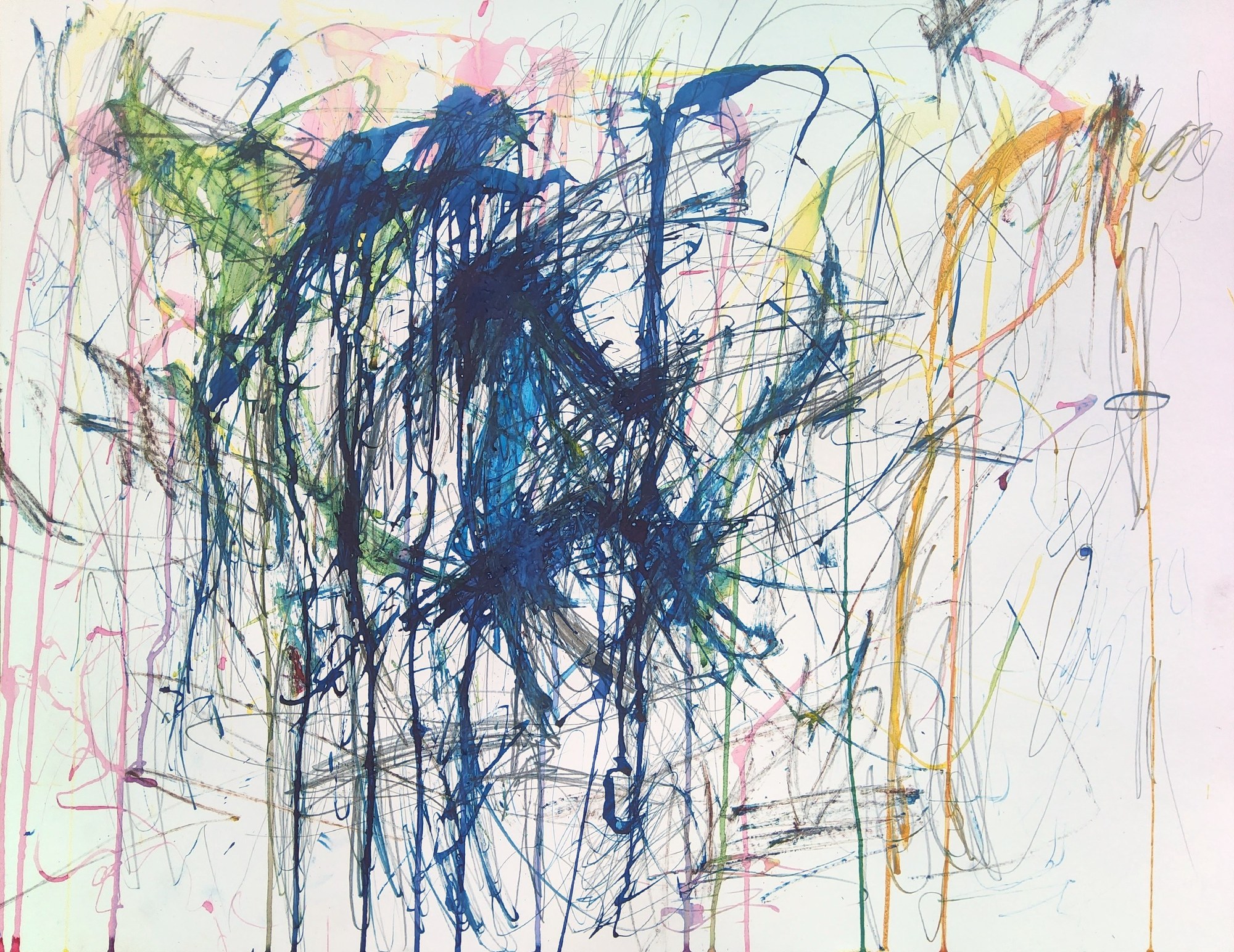 Landscape sheet in ink, ecoline and graphite on white paper: a dense knot of flung and dripped blue ink hangs centre-left, bursting in a spray at its base, its drips running to the bottom edge. Pink drips fall at the left, ochre-yellow arcs bracket the right, graphite scribbles thread it all together. Falling, nervous, rain-like.