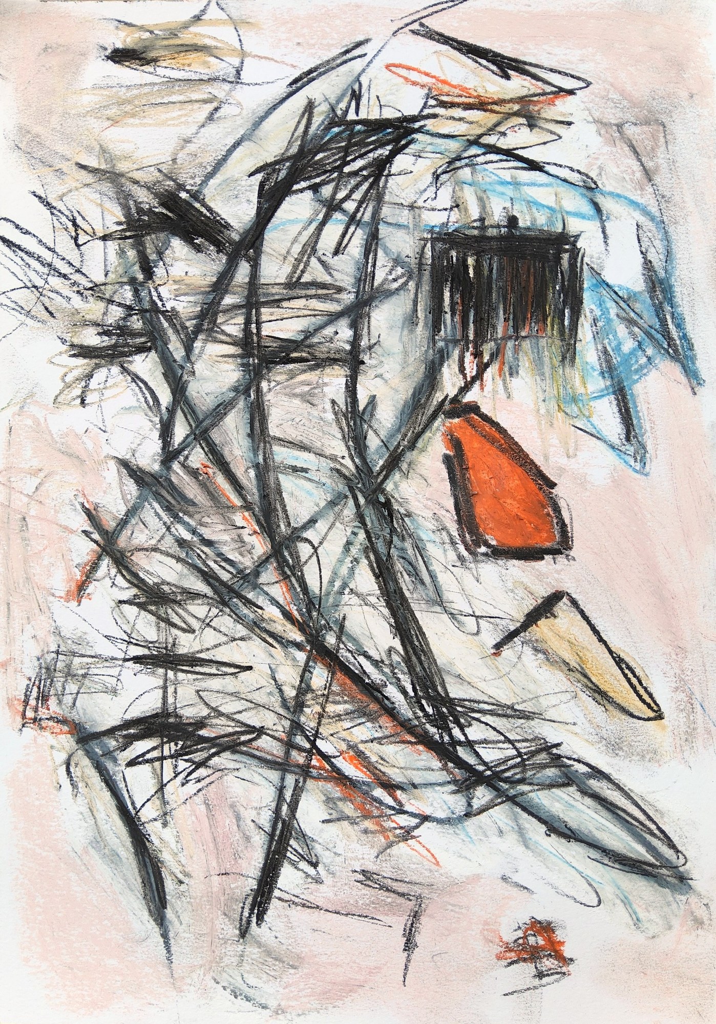 Portrait sheet in pastel and charcoal: fast diagonal charcoal strokes rain across pale pink and white ground. A sealed orange-red shape sits right of centre under a black-fringed comb; a sky-blue scribbled passage hangs in the upper right. Quick, airy, storm-lit.