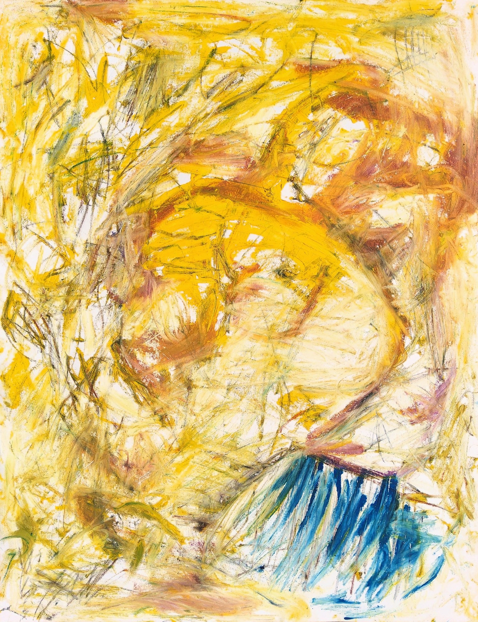 Portrait sheet in chalk, pastel and oil, golden yellow nearly all over: hay-coloured scribbles and washes build a warm mass, russet and sienna arcs sweep through the upper right, and a fan of combed blue strokes cuts in at the lower right — the sheet's one cool note. White paper breathes at the edges. Ripe, sun-warmed, dense.
