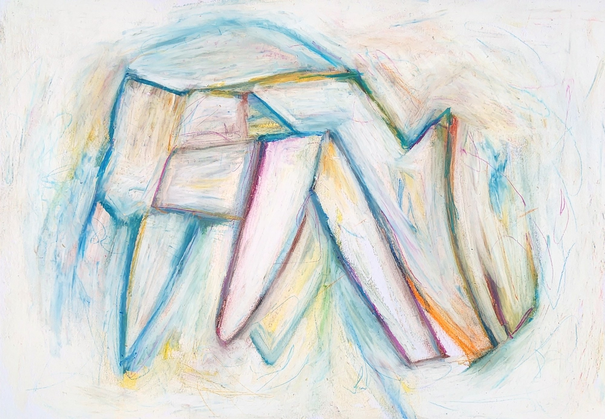 Landscape A4 pastel. Faceted planes in thin cream, pink and white washes, outlined in teal and maroon, stand together like a propped structure on splayed legs; an orange sliver flares at the right foot. Blue-grey weather is scumbled around it to the sheet's edges. Pale, bony, standing its ground.
