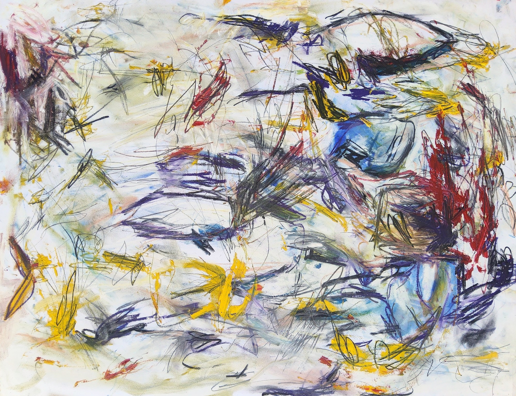Landscape sheet in graphite, pastel and oil: a storm of small fast marks over white paper — graphite scribbles, violet and black knots, yellow flares throughout. A sky-blue patch sits upper right against a crimson burst at the right edge; a mauve smudge holds the top left corner. Dense, quick and all-over.