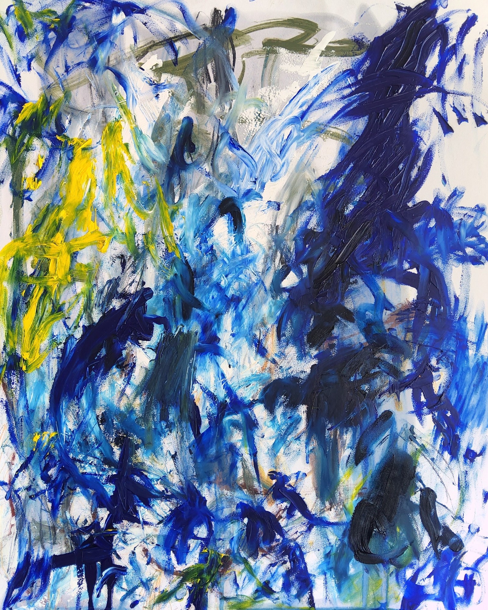 Portrait oil on paper, blue nearly edge to edge: cobalt and ultramarine sweeps over white paper, a near-black indigo mass climbing the right half, a ladder of yellow strokes at the left edge, olive-green arcs across the top. Cold, wet and torrential.