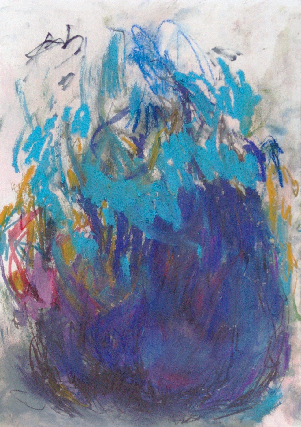 Portrait pastel sheet dominated by a heavy blue-violet mass seated low on the page, deep and layered, with magenta and red glowing faintly inside its darkness. Turquoise strokes flare up through and off the mass like spray, woven with gold-ochre verticals; a pink knot presses in at the left edge. Above, cerulean scribbles thin out into bare paper, with two black calligraphic knots at the upper left. Weighty and alive, a dark body burning off its crown.