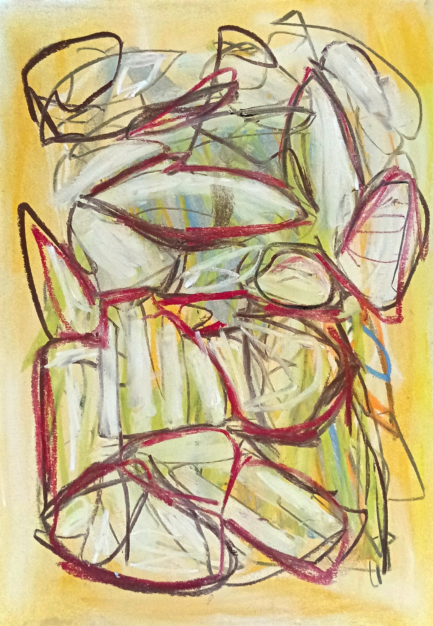 Portrait pastel sheet framed by a golden-yellow wash border. Inside it, a packed stack of interlocking pod and leaf shapes drawn in a double contour of dark brown and crimson, their interiors veiled with white and cream strokes over green stalks, with small flashes of sky blue and orange breaking through low on the right.