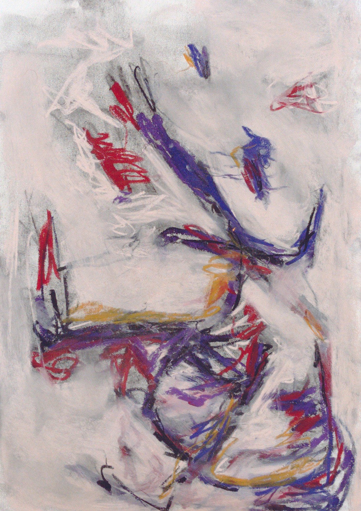 Portrait pastel sheet on a pale pink-grey ground of rubbed washes, white scribbled strokes and charcoal grain. A nervous tangle of black, purple and red line gathers low on the sheet — doubled, erased and redrawn — with ochre bars underneath, and flings limbs and small satellites upward: red knots, a blue flick, sparks of crimson. Restless and atmospheric, drawing and weather at once.