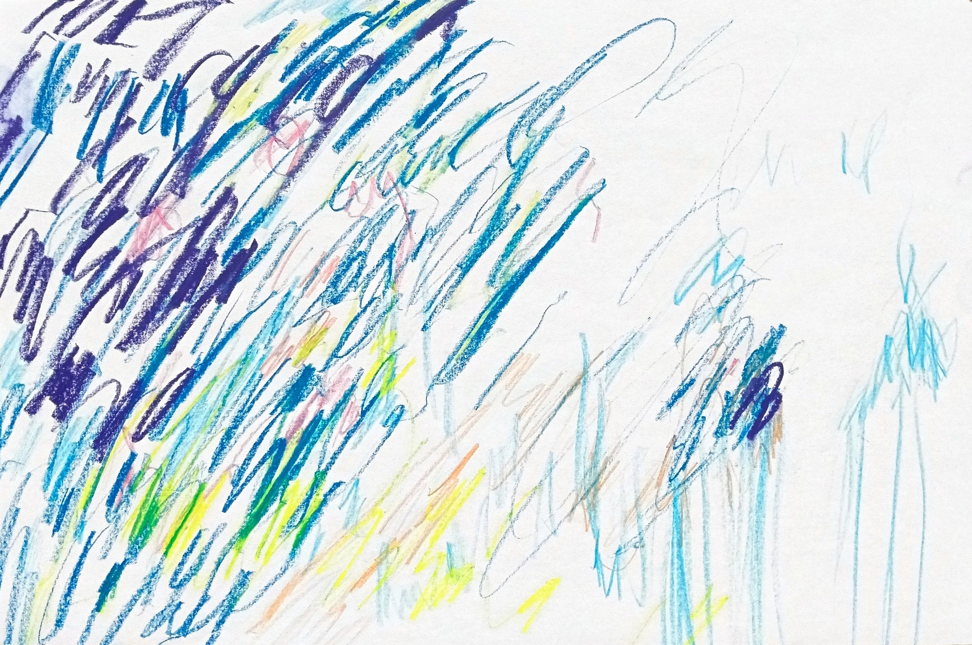 Landscape sheet swept by parallel diagonal strokes — ultramarine, cobalt and turquoise driving up to the right, with lemon and green flashes breaking through the weave and salmon undertones inside it. The storm thins toward the lower right, where the paper takes over. Pure momentum, drawn at speed.