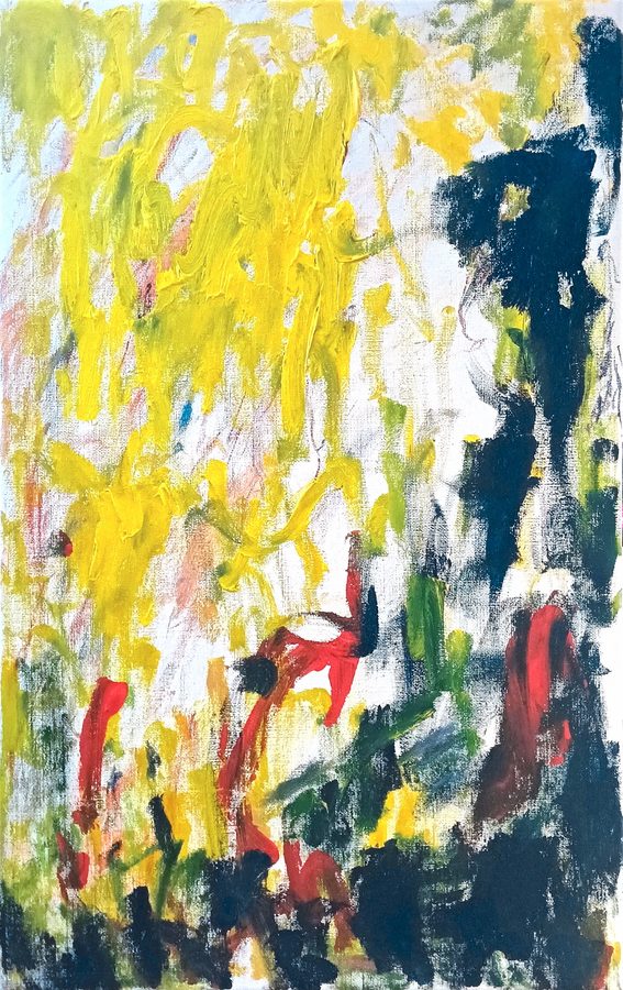 Vertical canvas: a scrubbed field of yellow ochre and cadmium holds the left two-thirds, white ground breathing through, while a broken navy column runs the right edge and a dark green-black floor closes the bottom. A red figure strides at the centre; a second red presence glows inside the dark column like an ember. Field, mass and figure in one warm-cool engine.