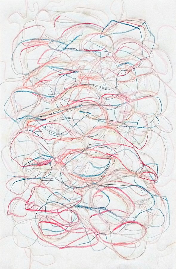 Looping colored-pencil lines on white paper: faint graphite loops underneath, red and crimson strokes carrying the weave, and darker slate-blue lines punctuating it. Three depths of line, nothing filled in — a tangle you look into, warm against cool.