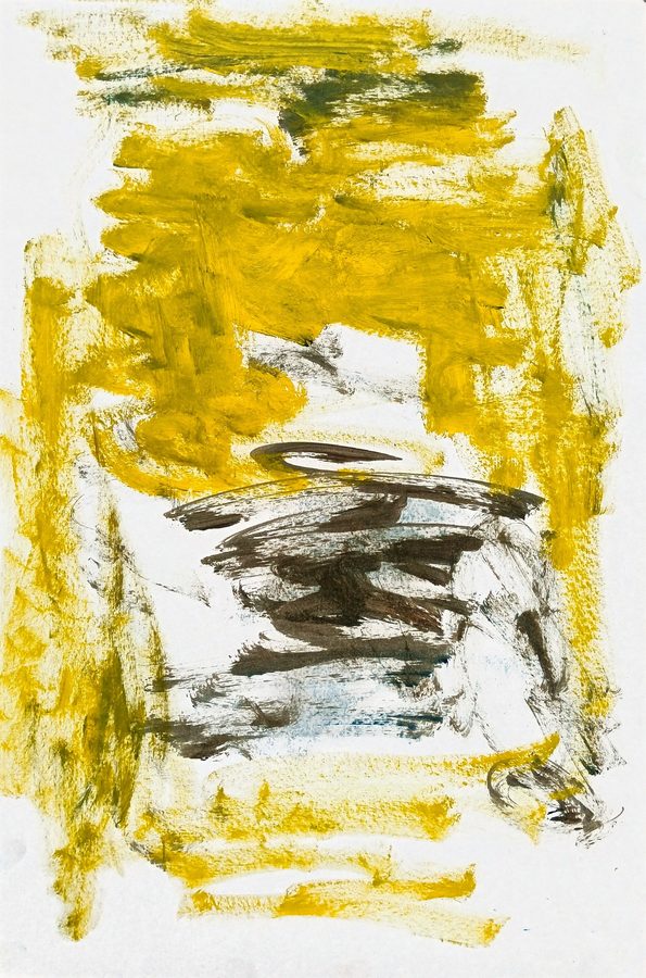 Yellow pastel massed across the top half and running down the left flank, over white paper. Below the yellow, a cluster of fast brown-black smears settles like sediment, grey-blue showing through, with a white channel of bare paper between the two. Sunlit above, earthbound below.