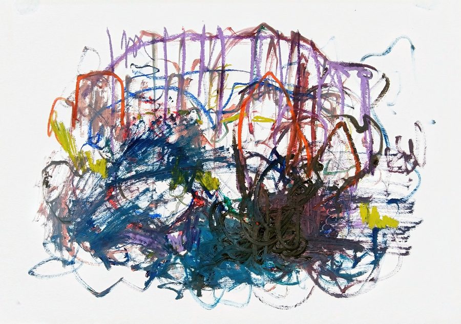 Polychrome tangle on white paper. Purple vertical bars run across the top like an arcade, a dense navy-black knot anchors the lower centre, with acid-green flicks, orange arches and a loose blue lattice weaving through. Airy at the edges, deep space inside a scribble.