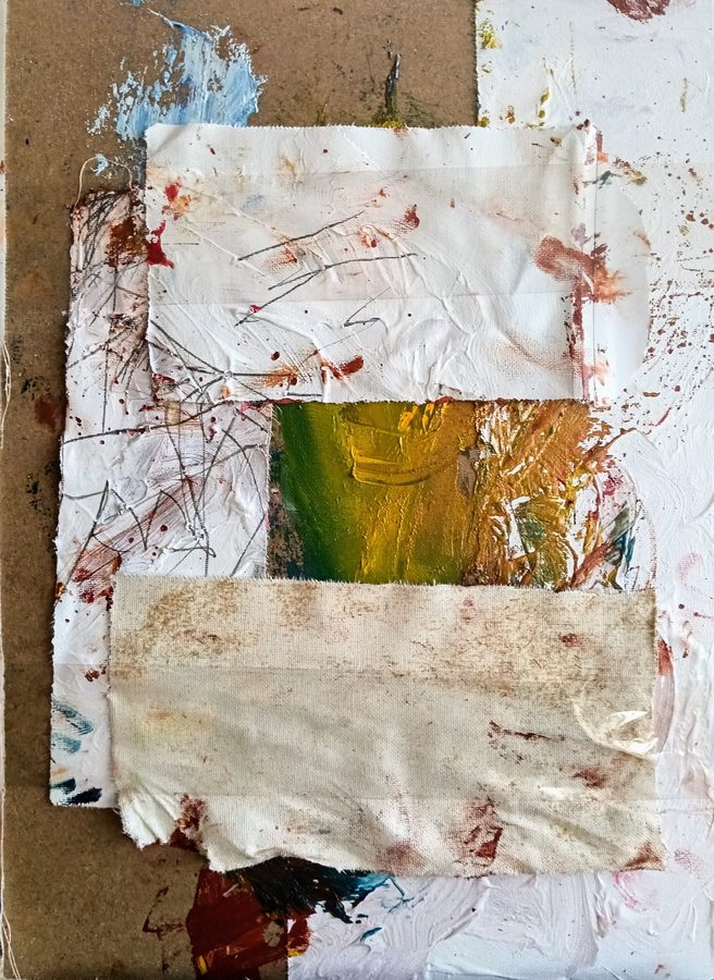Mixed-media collage: torn rectangles of canvas layered and stitched onto a brown cardboard ground. A white, paint-crusted panel at the top carries rust-red spatters and fine graphite scratches; a vivid band of green deepening into amber oil glows at the centre; a raw, tea-stained canvas strip spans the lower half, with blue flecks and dark pooled paint gathering at the edges. Earthy, tactile and worn.