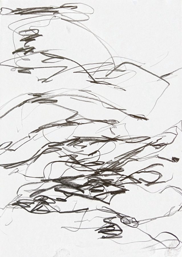 Portrait sheet: fast graphite gestures drift down the page in a cursive slant, sparse loops at the top gathering into a dense storm-knot below centre. Dark pressured jabs ride over light rapid lines, the whole tangle held by bare paper at the edges.