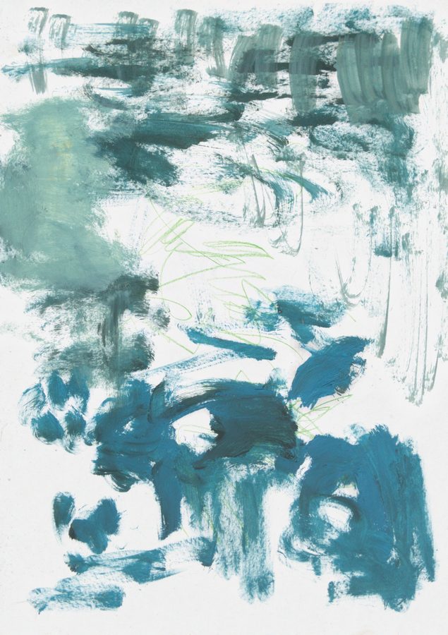 Blue field in two temperatures: dry-scrubbed teal bands and a soft sage cloud above, fat opaque cerulean smears below, thin dry veils of teal dragged down the right. A bright green pencil scribble crosses a clearing of bare paper at the centre. Many kinds of mark living together in one cool, aquatic light.