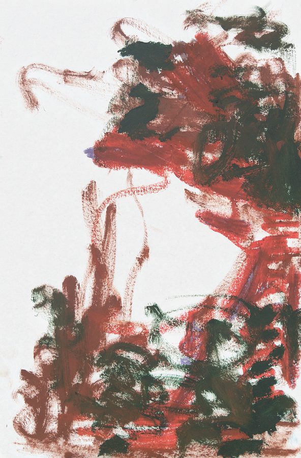 Red and crimson masses knotted with black-green descend the right side in a rough diagonal, meeting a second dark register along the bottom. The left half is near-empty white paper, crossed only by faint terracotta ghost-strokes rising like stems. Confrontational colour against wide, breathing emptiness.