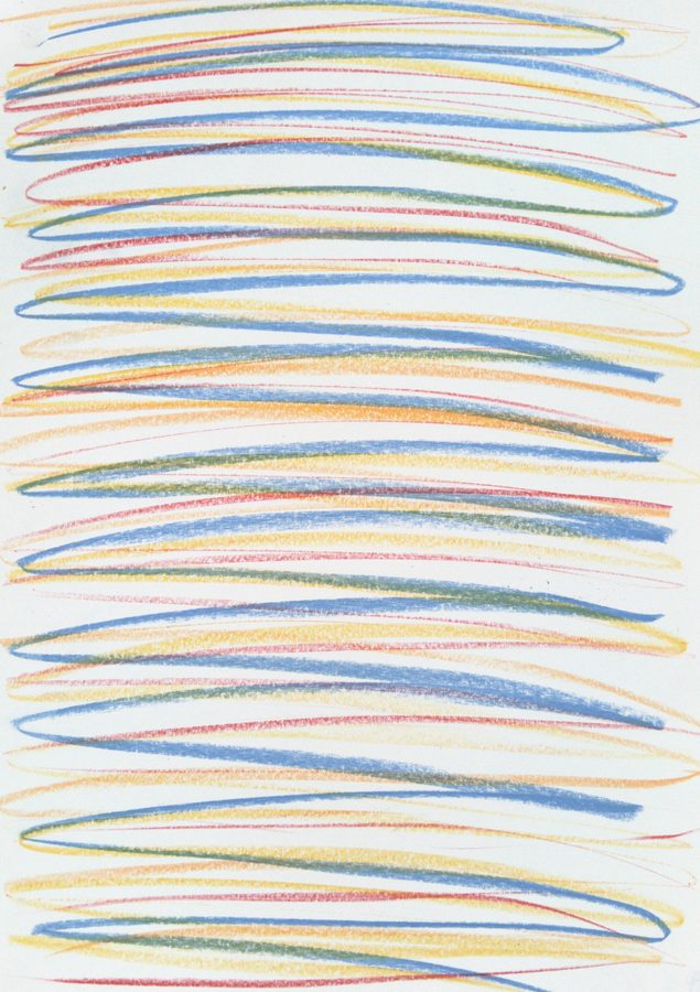 Portrait pastel drawing: loose horizontal strata of scribbled colour stacked edge to edge down a white sheet — pale yellow, orange and thin red, threaded by a single heavier blue line that surfaces, sinks away and returns. Airy and light, the paper breathing between the strokes.