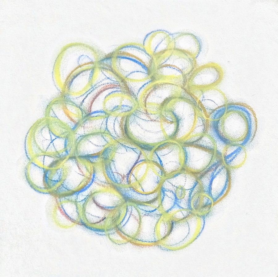 Soft square chalk drawing: a drifting cluster of overlapping rings in pale yellow-green and cool blue with traces of rust, like frogspawn or soap bubbles, gathered into a rounded cloud on white paper. Some rings spiral at their centres; the whole mass hovers — dry, weightless and ghostly.