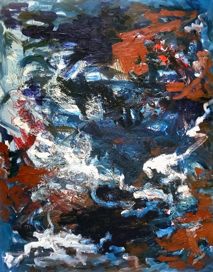 Large dark abstract oil painting: a blue-black column plunges from the top through a dense storm of brushwork, with windows of deep blue opening behind the black. Rust and Venetian red masses anchor the upper right and lower edges, small flashes of pure red spark through, and a system of thick white impasto strokes climbs from the bottom left through the centre like light breaking in. Turbulent, deep and nocturnal.
