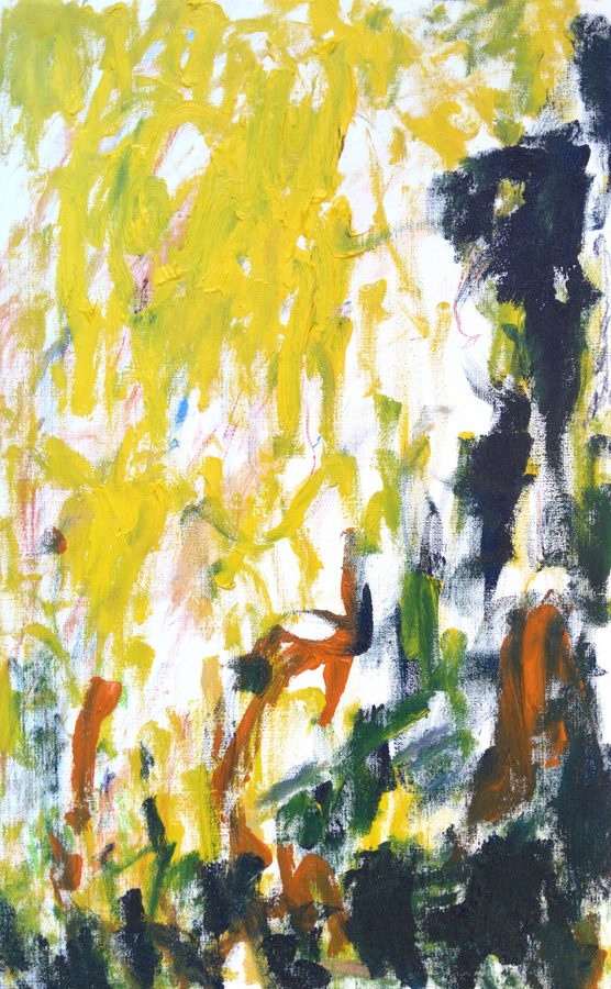 Vertical canvas: a scrubbed field of yellow ochre and cadmium holds the left two-thirds, white ground breathing through, while a broken navy column runs the right edge and a dark green-black floor closes the bottom. A red figure strides at the centre; a second red presence glows inside the dark column like an ember. Field, mass and figure in one warm-cool engine.