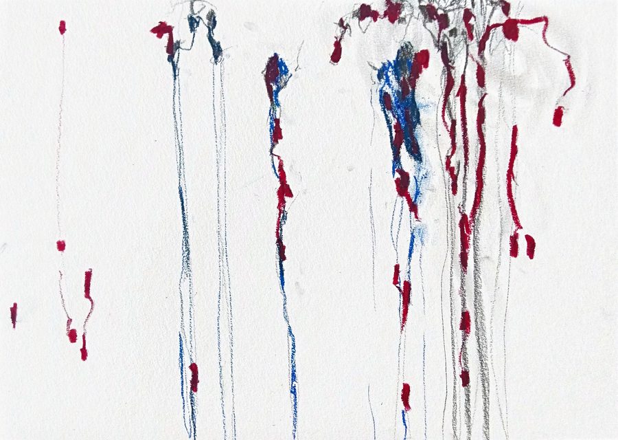 Landscape sheet: red hooks, blue chalk lines and graphite threads hang from the top edge like a curtain, crowding into a heavy red-and-graphite tangle at the top right. Far left, a single red thread falls alone. The wide interval between them gives the sheet its stillness — everything has already come to rest.
