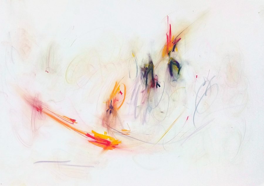 Landscape sheet of near-empty white paper carrying faint grey and mauve ghost-scribbles, punctuated by a few hot flares of orange, red and yellow — one low on the left, one at the centre, one at the upper right. Sparse and airy, the emptiness doing most of the work.