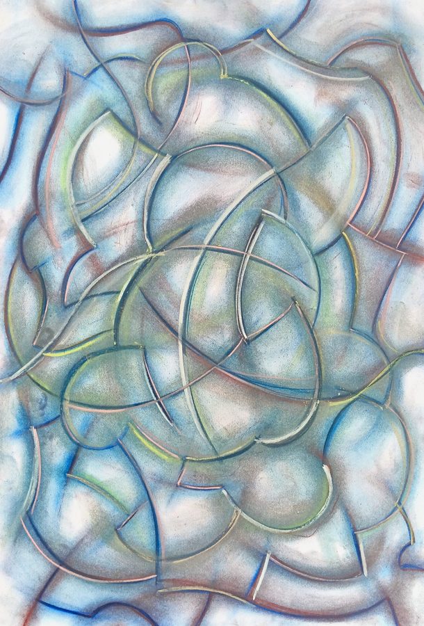 All-over abstract chalk drawing: a web of long curved lines in salmon pink, dark blue and yellow-green, each ridge caught with a white highlight, spread edge to edge over a clouded blue and grey-pink ground. Three large arcs cross in a knot at the centre. Like a leaded window of milky glass — cool, even and quietly luminous.