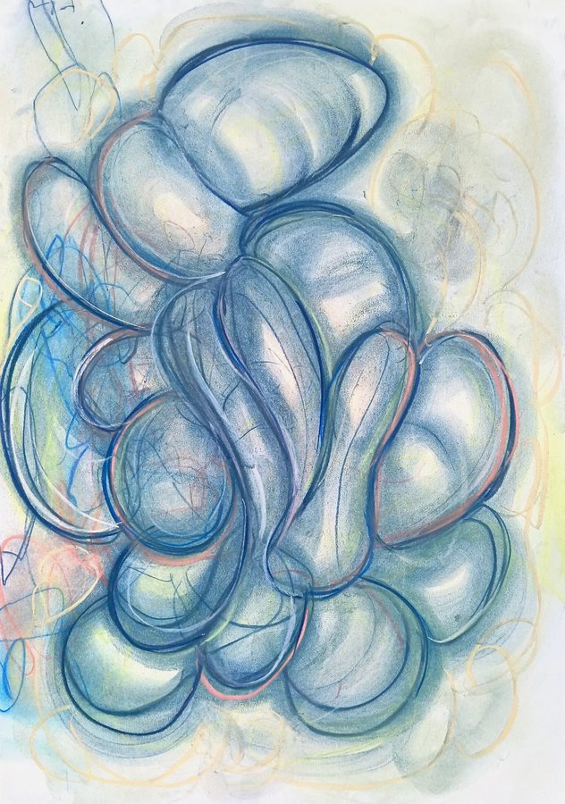 Translucent abstract chalk drawing in watery blue-greens: a cluster of overlapping, softly modelled lobes like jellyfish bells or pebbles under water, drawn with searching, repeated blue contours doubled in salmon pink. Loose red and blue scribbles show through the veils, and the forms dissolve into pale yellow-green at the edges. Layered, aquatic and alive.